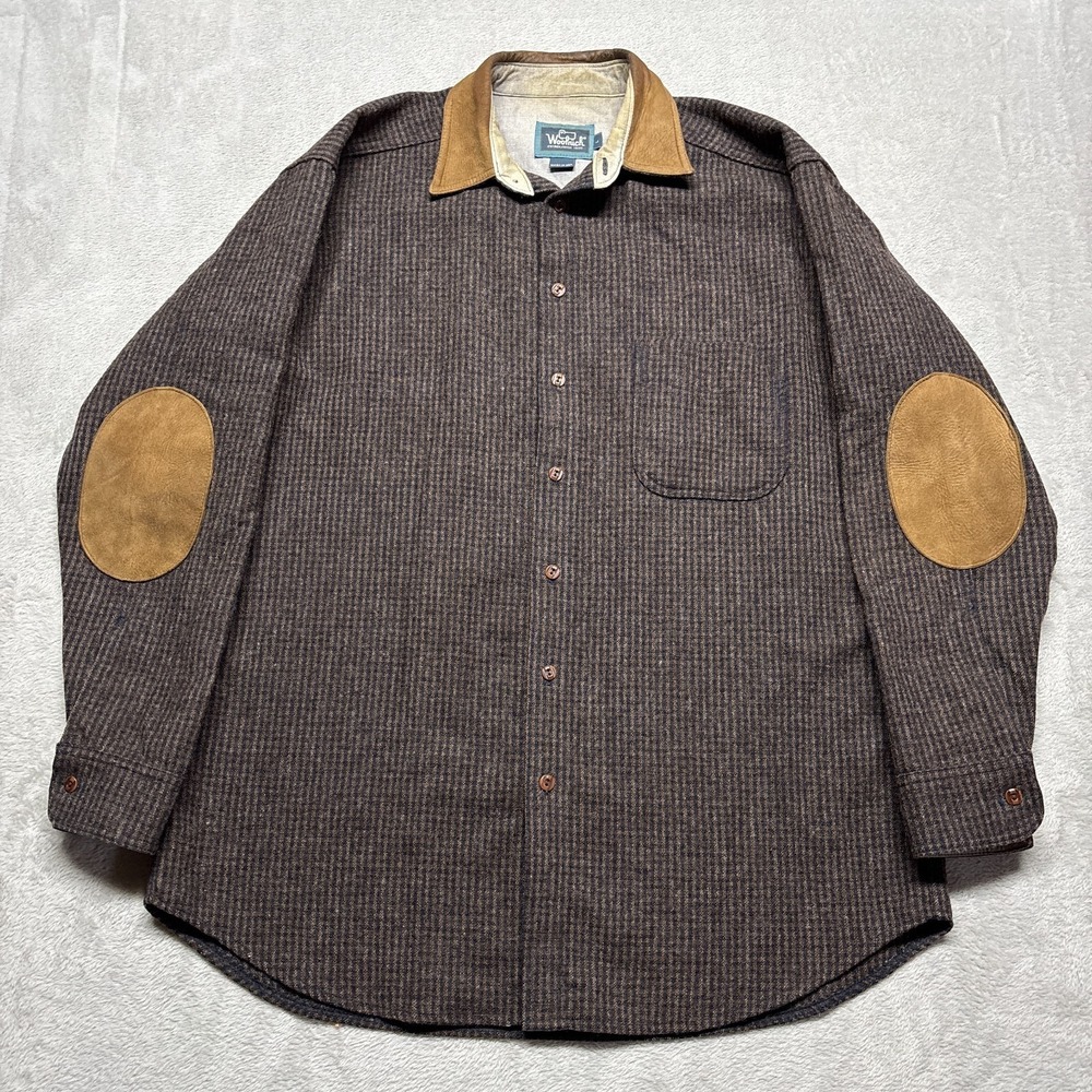 Vintage Woolrich Mens L Wool L/S Shirt Jacket Suede Collar Elbow Patches USA
